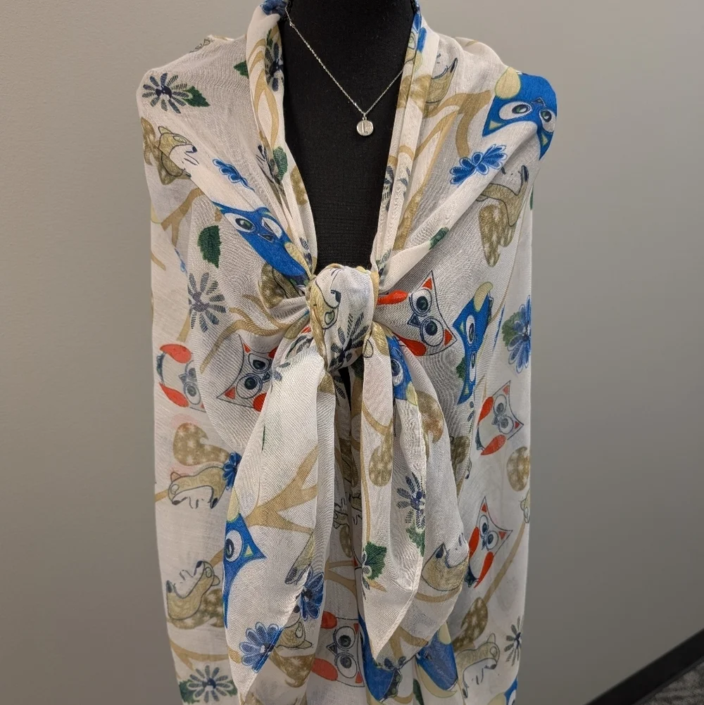 Floral Owl Print Scarf White Blue and Red 69